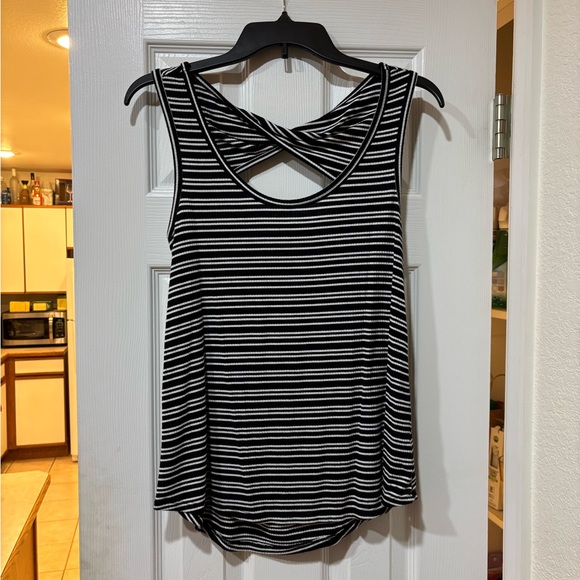 Striped Black and White Cross-Back Tank - Picture 1 of 3